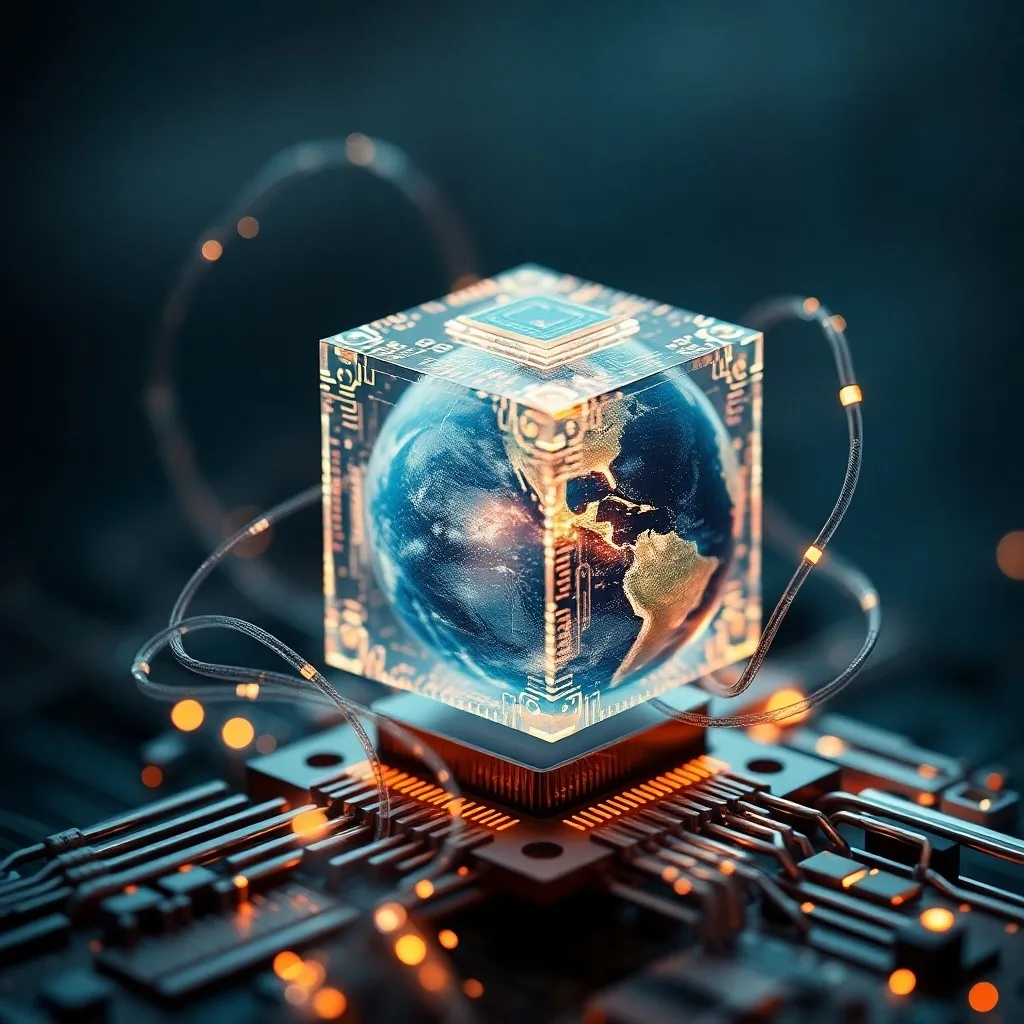 Un barómetro antiguo y desgastado descansa sobre una pila de tabletas de datos translúcidas que muestran complejos algoritmos cuánticos y gráficos climáticos, iluminado por una luz fría y suave.