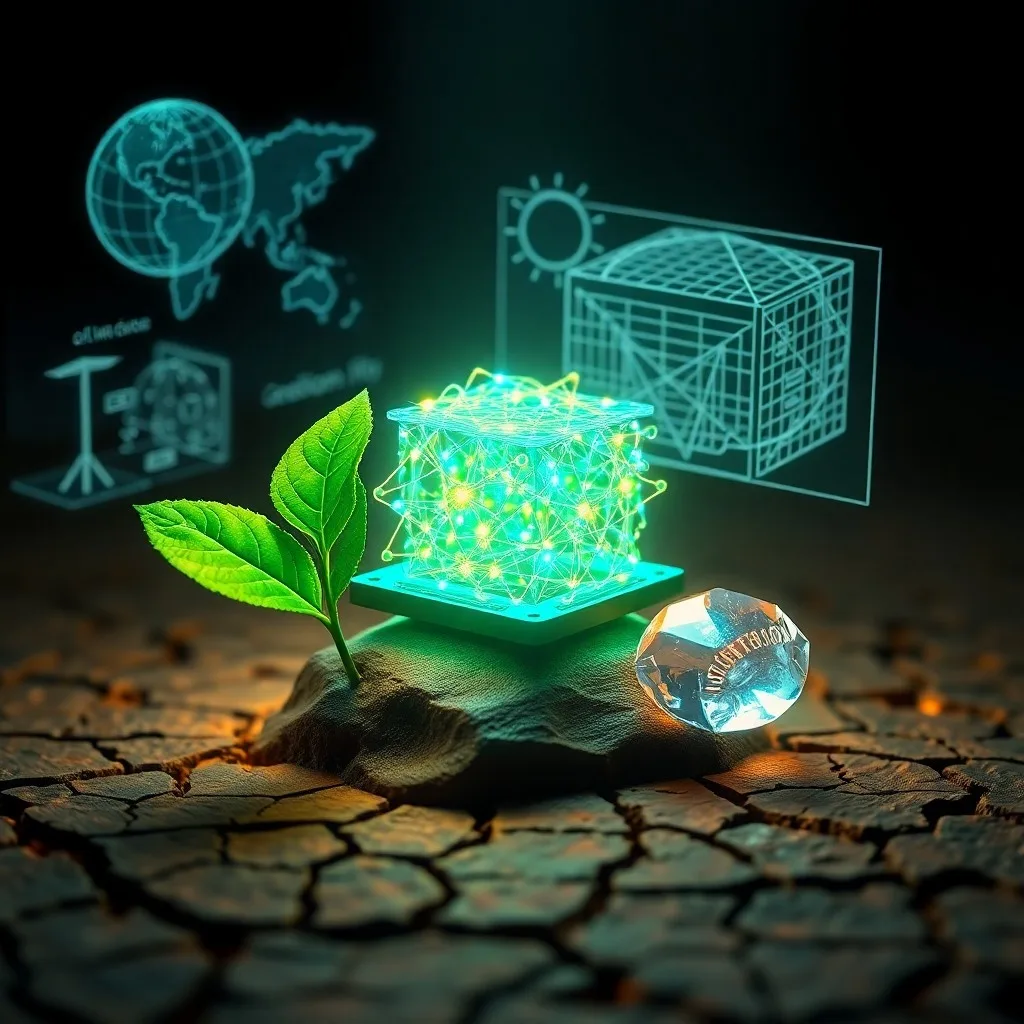 Pintura al óleo abstracta con patrones arremolinados de azules profundos y verdes que se fusionan con líneas geométricas nítidas en una composición minimalista, evocando fenómenos naturales y lógica cuántica.