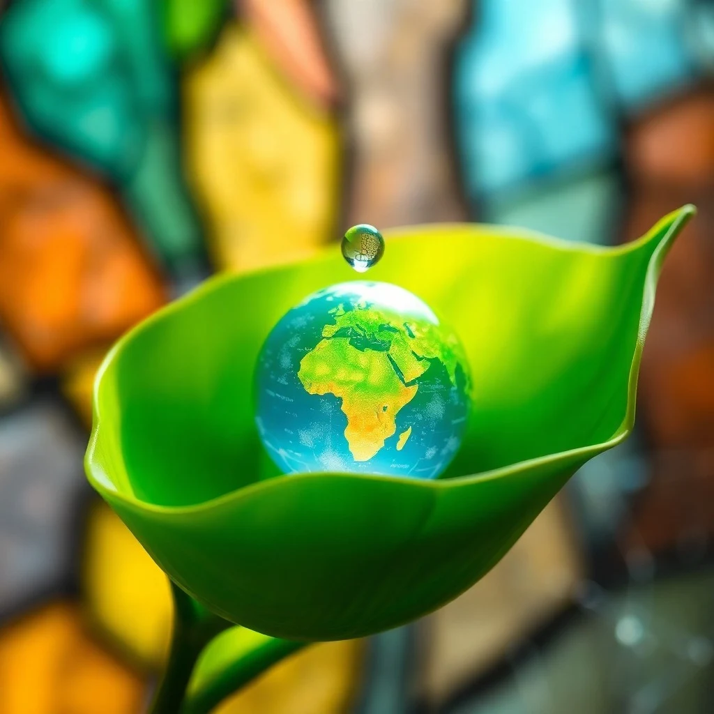 Representación abstracta de datos climáticos globales fluyendo en una esfera translúcida, con qubits formando una red energética, colores vibrantes de azules a verdes.
