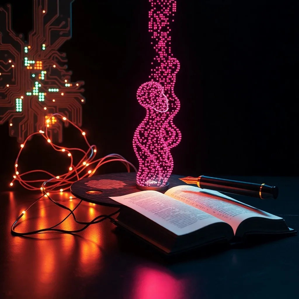 Una máquina de escribir antigua junto a tablets modernas con arte digital, simbolizando la transición tecnológica en el proceso creativo.