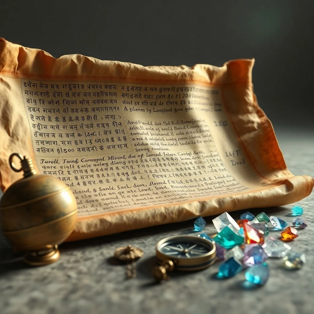 Una imagen macro de un pergamino antiguo y desgastado, hecho de papiro o corteza, cubierto con intrincados glifos y símbolos desconocidos. El pergamino está parcialmente desenrollado sobre una superficie de piedra oscura.
