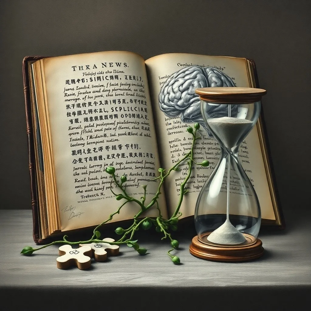 Pintura al óleo de un libro antiguo abierto con letras luminosas flotando, simbolizando el conocimiento y el crecimiento mental a lo largo de la vida.
