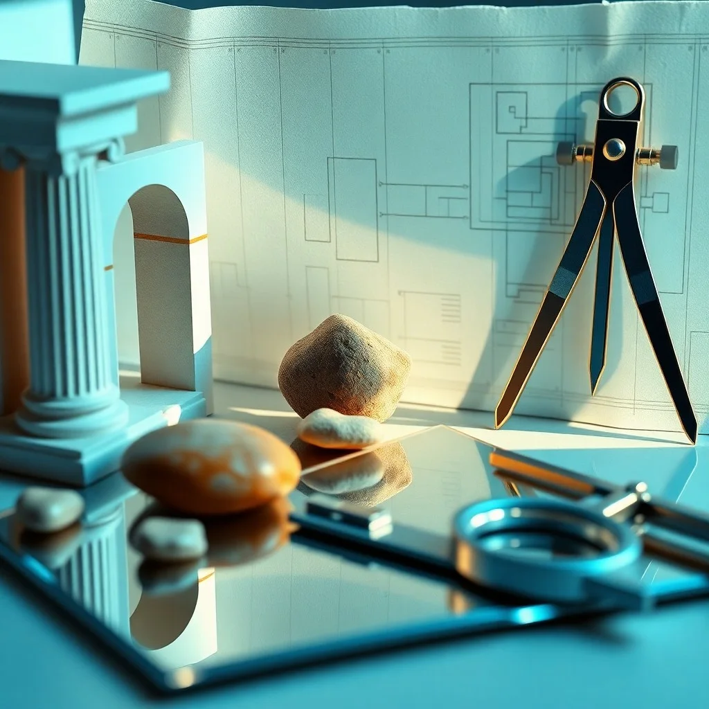 Mesa de dibujo antigua con una cuadrícula de perspectiva lineal y herramientas de dibujo.