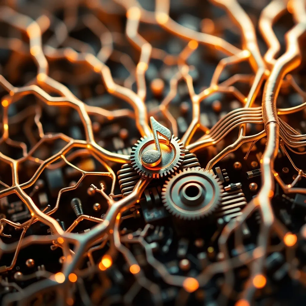 Fotografía macro cinematográfica de unos auriculares vintage apoyados en un libro de neurociencia abierto, rodeados de notas musicales etéreas y diagramas cerebrales.