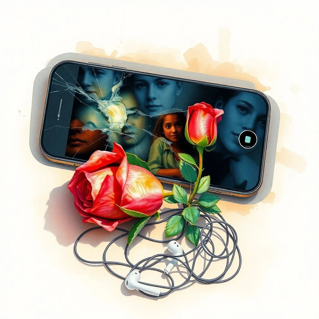 Fotografía cinematográfica de un smartphone antiguo con pantalla borrosa sobre un diario con anotaciones, simbolizando la introspección y el impacto digital.