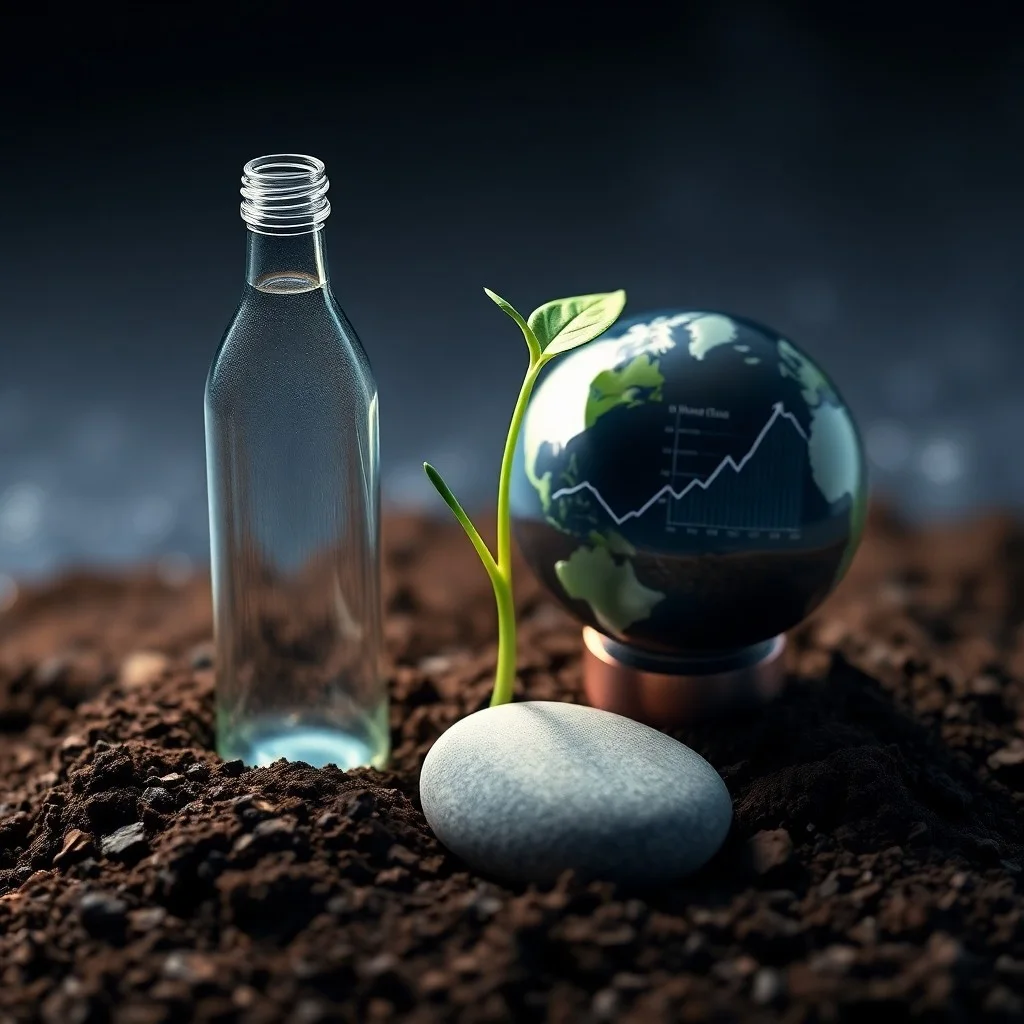 Ilustración 3D de engranajes entrelazados con hojas verdes y paneles solares, representando la integración de la sostenibilidad en la mecánica empresarial.