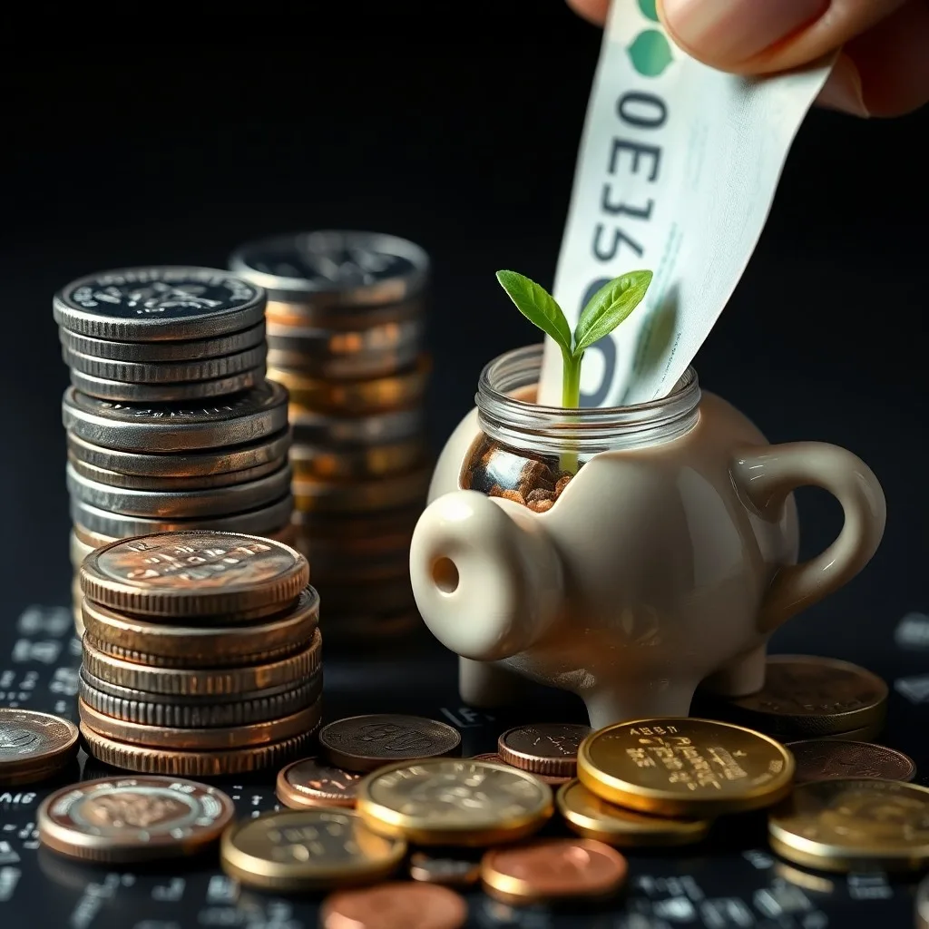 Ilustración 3D de una jarra de cristal con monedas y brotes verdes, contrastando con flechas rojas ascendentes que simbolizan el aumento de precios.