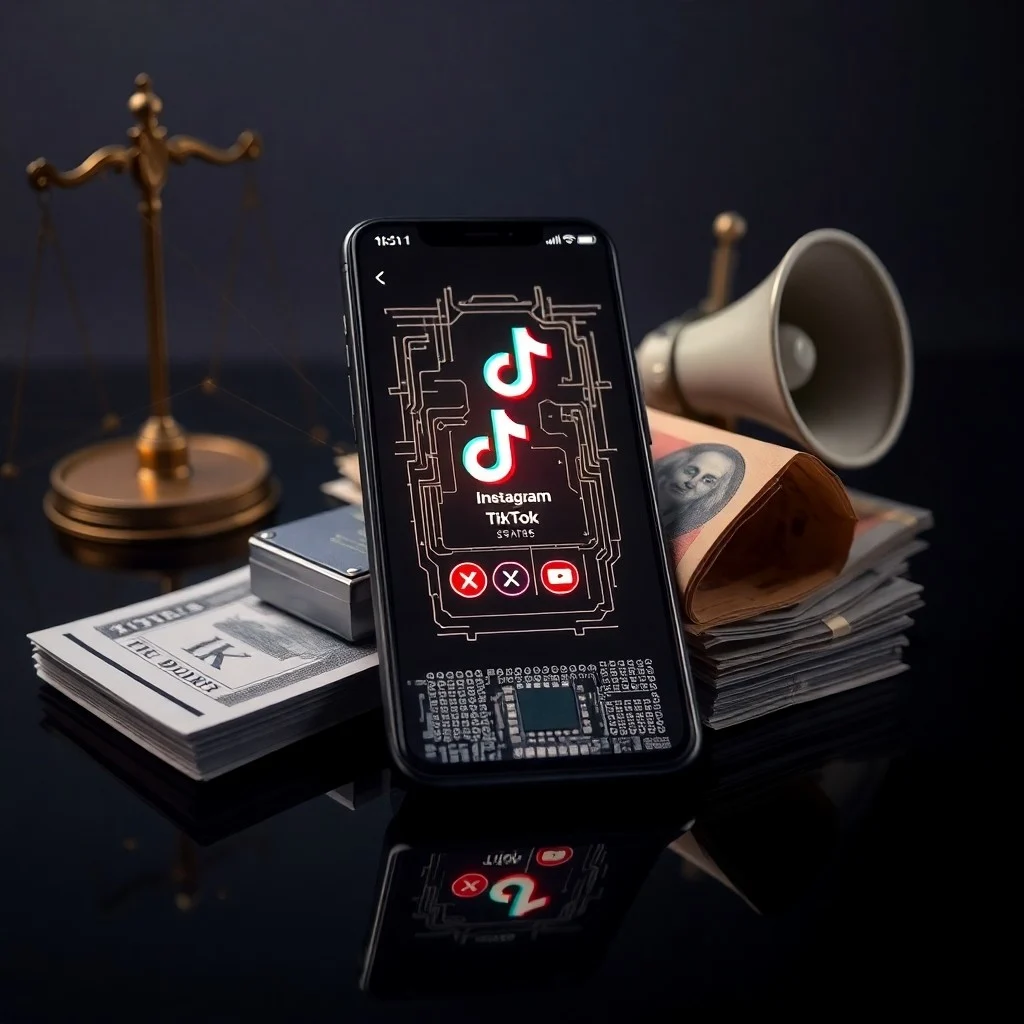 Primer plano de un smartphone moderno con feeds de redes sociales, conectado por fibra óptica a un teléfono rotatorio vintage, rodeado de elementos de marketing en miniatura.