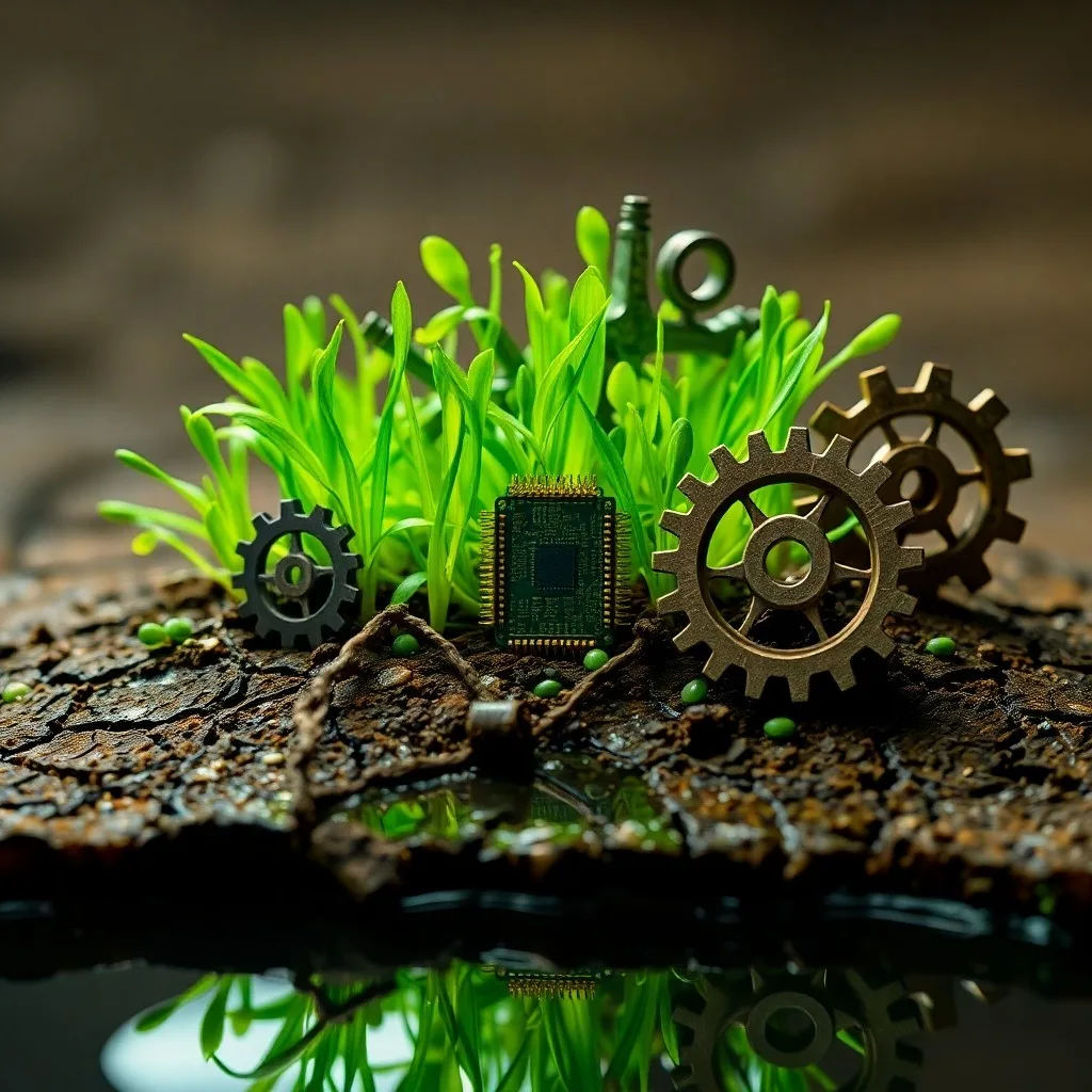 Un escritorio con un cuaderno de cuero, un terrario con un ecosistema en miniatura, calibradores antiguos y un globo, evocando creación sostenible.