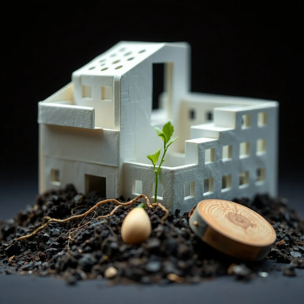 Representación abstracta de una economía circular en construcción, con materiales orgánicos transformándose en elementos arquitectónicos y regresando a la tierra.