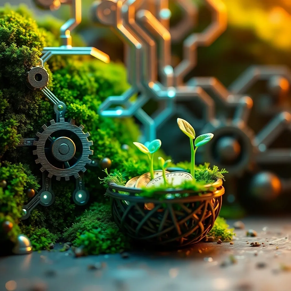 Bodegón conceptual que muestra una lupa sobre un plano de un jardín comunitario, con una planta en maceta, piedras de río y un libro de contabilidad vintage, todo iluminado por una luz suave.
