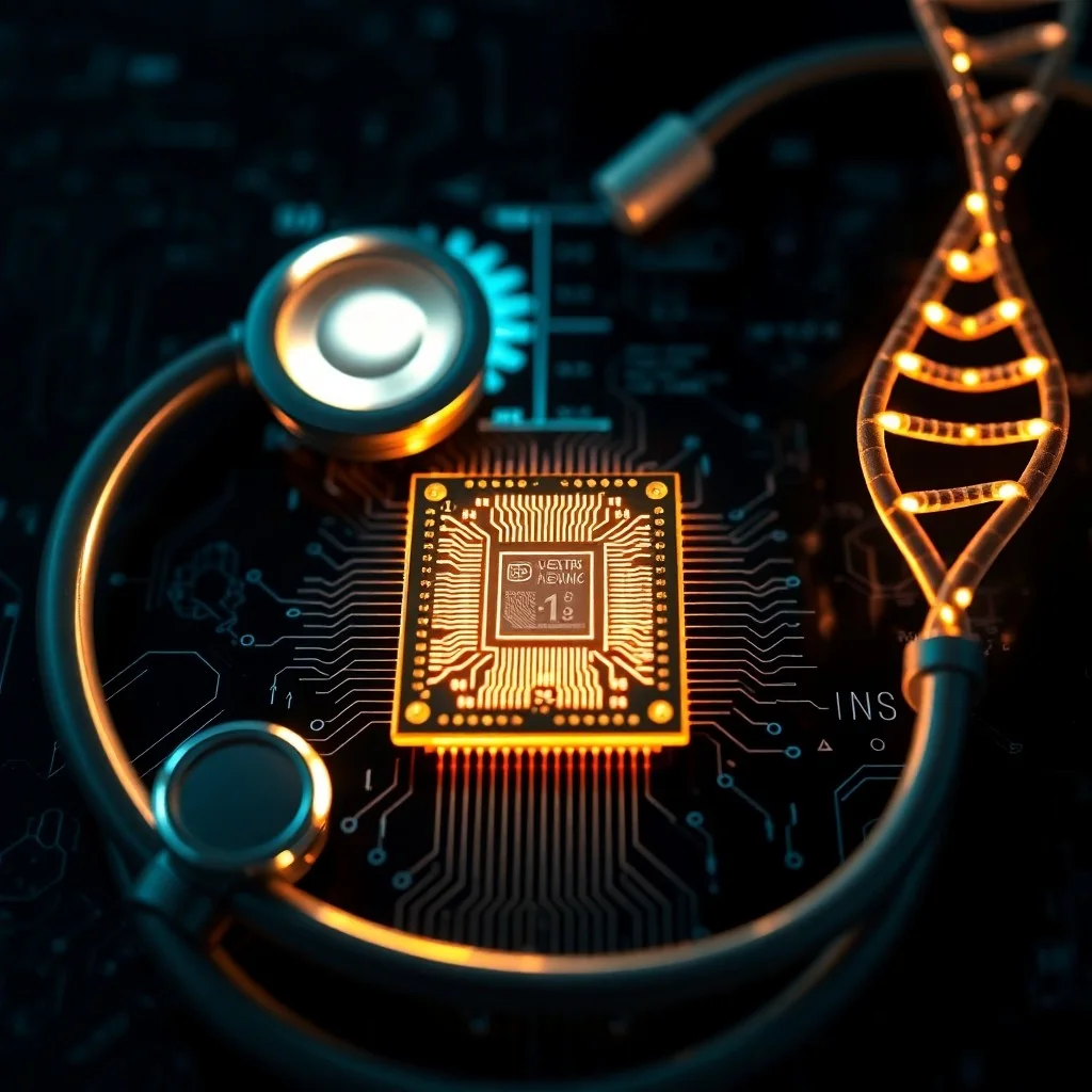 Una balanza conceptual con circuitos en un lado y figuras humanas translúcidas en el otro, simbolizando el delicado equilibrio entre la tecnología de IA y la ética en la medicina.