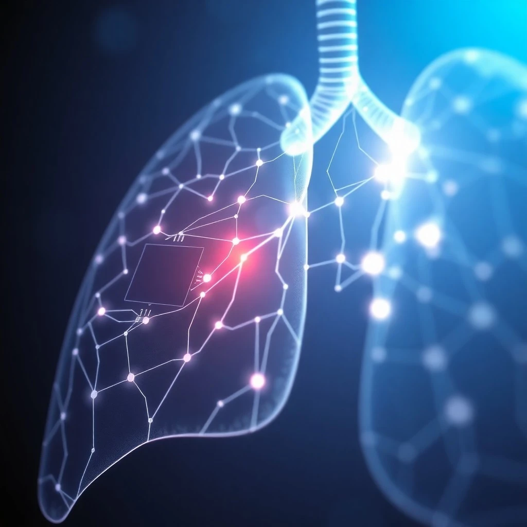 Bodegón cinematográfico de un estetoscopio vintage sobre una interfaz holográfica con escaneos pulmonares y flujos de datos.
