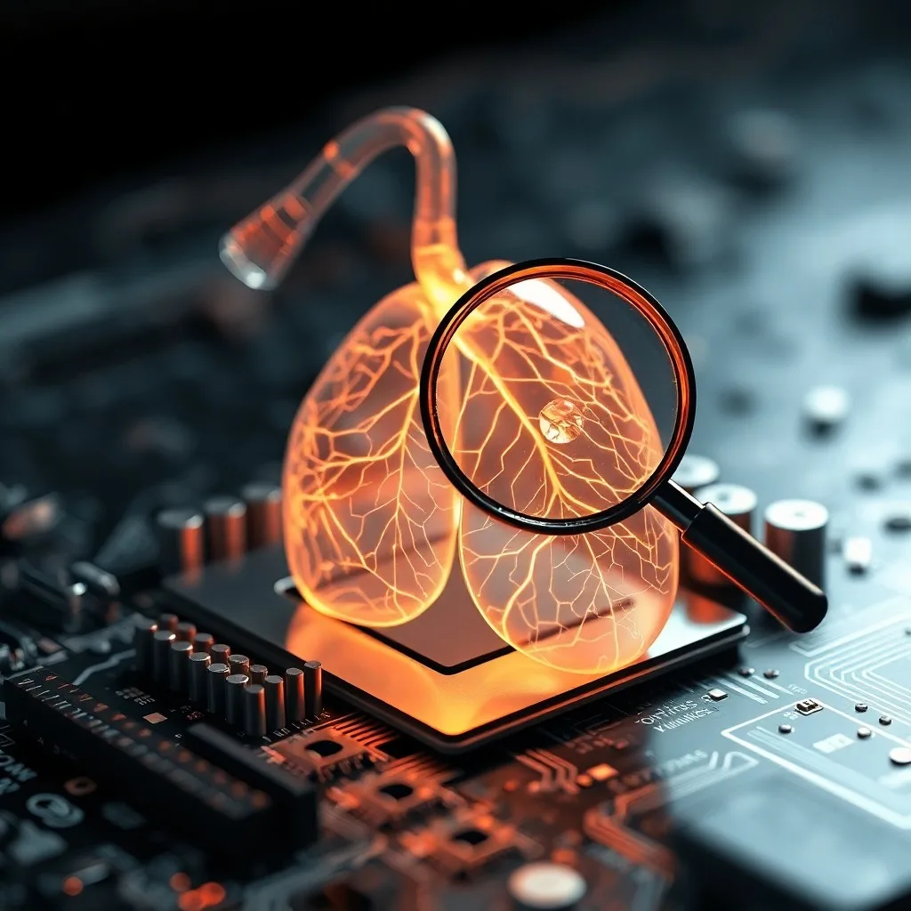 Render 3D de una escultura abstracta de alveolos pulmonares con patrones de circuitos integrados sobre un fondo blanco.