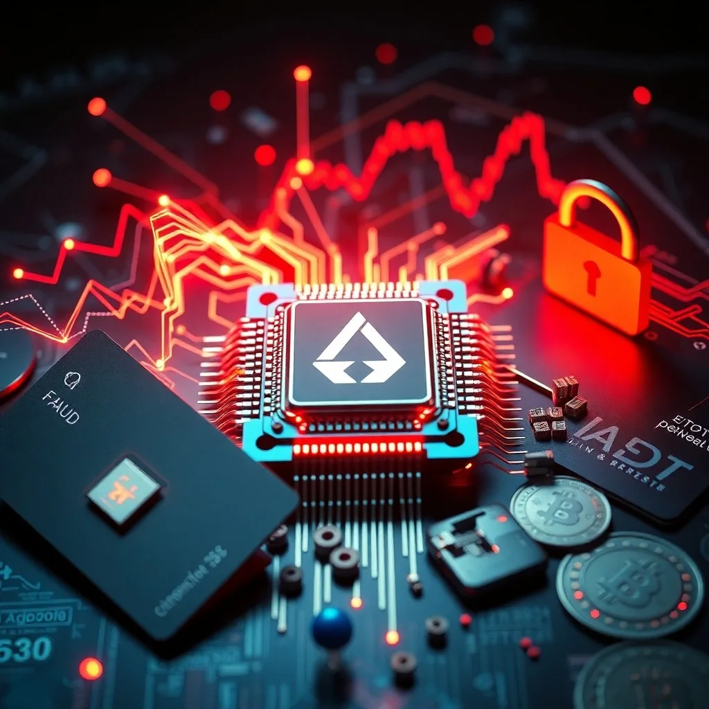 Pintura al óleo de un candado y una llave digitales estilizados y abstractos, con sutiles indicios de paquetes de datos fluyendo a su alrededor, en tonos oscuros, transmitiendo seguridad y complejidad, simbolizando la seguridad financiera y la protección de datos.