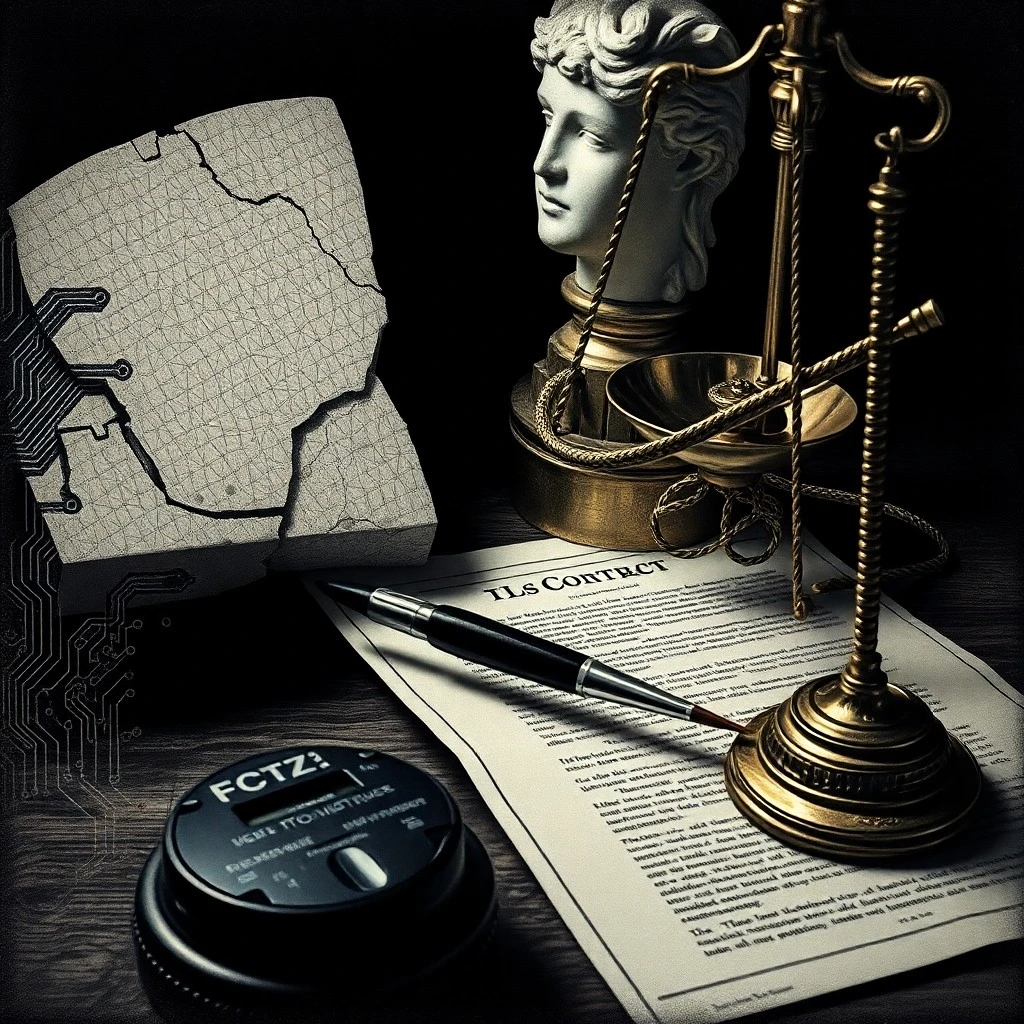 Gavel futurista de cromo y circuitos azules sobre libros de leyes, en un entorno de galería de arte digital.