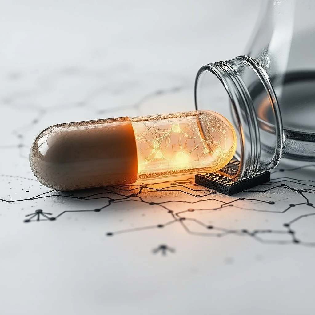 Un libro de medicina antiguo abierto con un diagrama molecular dibujado a mano, junto a una tablet moderna mostrando un algoritmo de IA. Un tubo de ensayo brillante completa la escena en un escritorio de madera oscura.