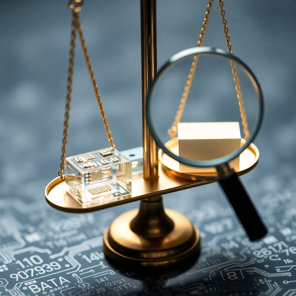 Bodegón de libros de leyes y ciencia de datos con una proyección holográfica de un algoritmo, iluminado de forma dramática.