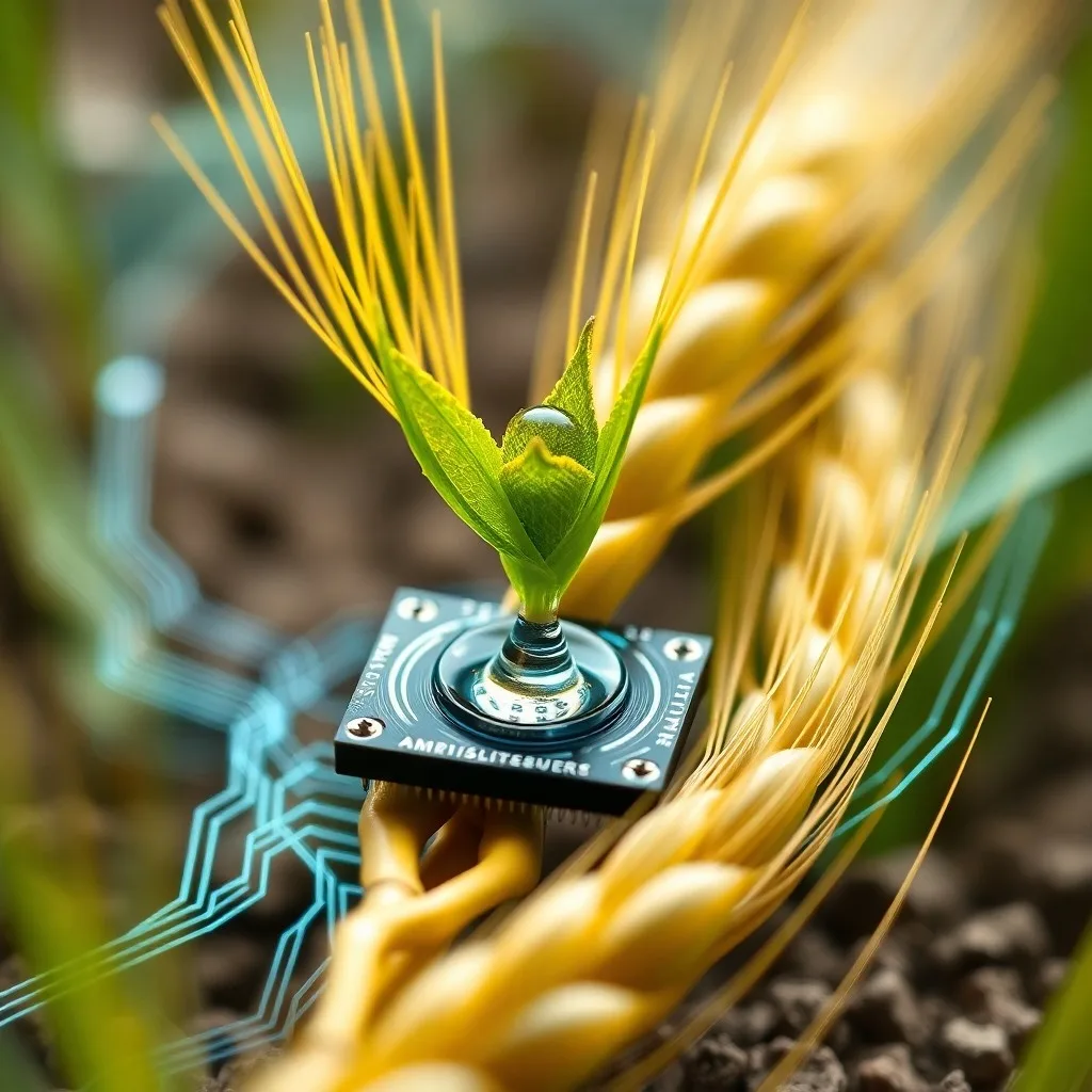 Render 3D de un sensor de datos brillante parcialmente enterrado en tierra oscura con raíces de plantas sanas, emitiendo una luz azul que simboliza la recolección de datos.