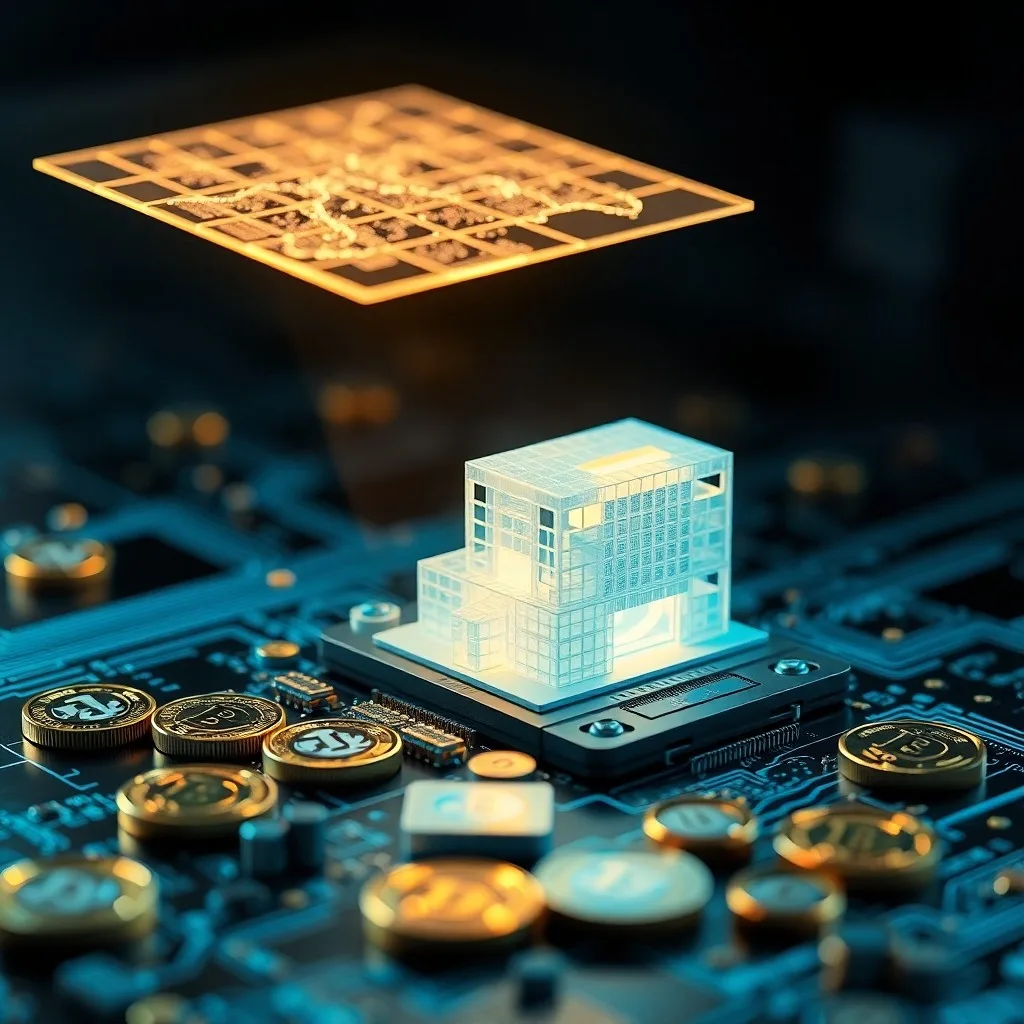 Proyección holográfica de una parcela de tierra virtual sobre un escritorio minimalista con una moneda de criptomoneda brillante.