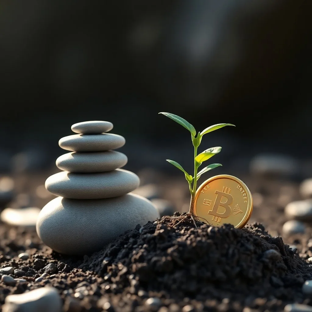Renderizado 3D de aerogeneradores y paneles solares emergiendo de una cinta de cotizaciones bursátiles, con símbolos de criptomonedas, representando la dimensión ambiental y financiera de ESG.