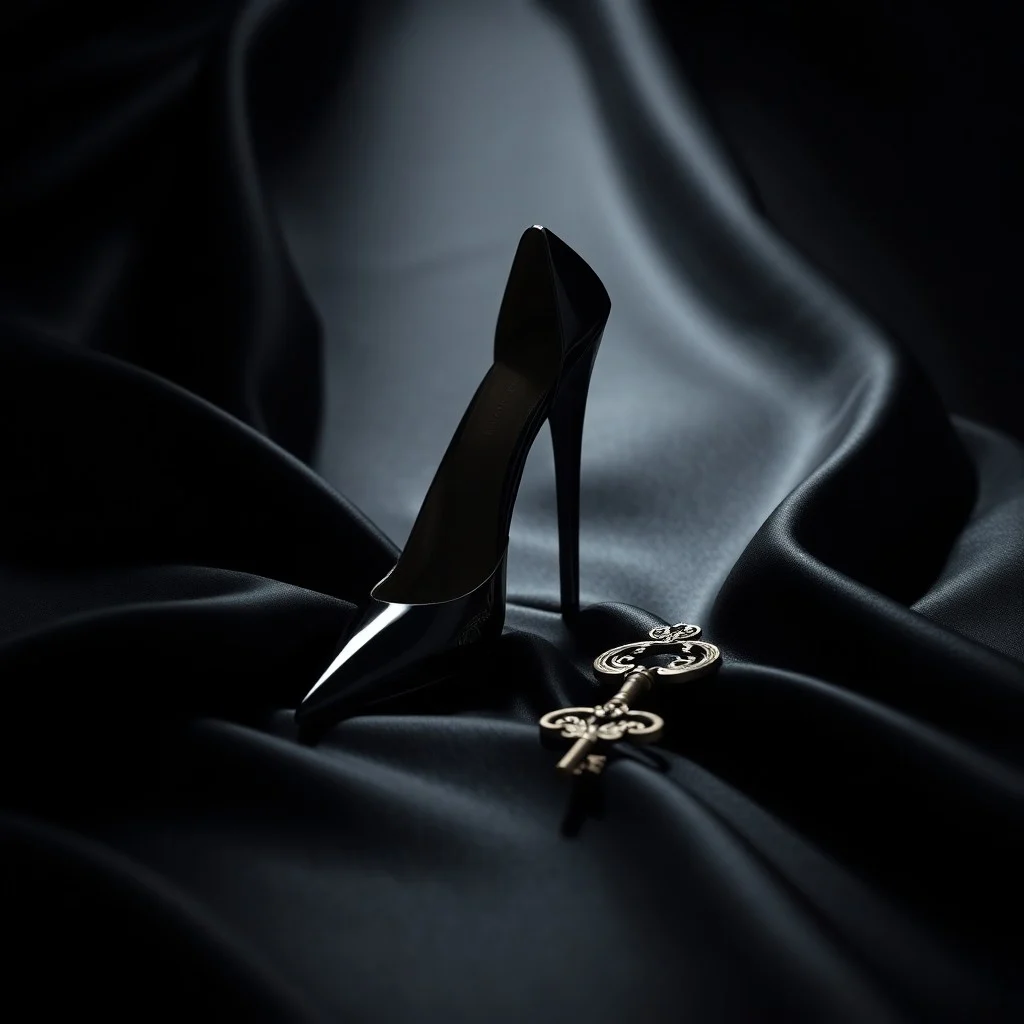 Zapato de tacón negro elegante y una bufanda de seda sutilmente estampada, ambos medio enterrados en arena fina del desierto, bajo una luz dramática que crea sombras largas. El ambiente es de misterio y sofisticación.