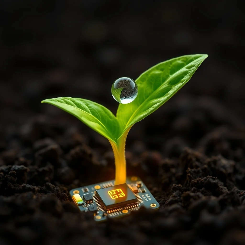 Primer plano de sensores agrícolas avanzados sobre una mesa rústica, con una tablet mostrando gráficos de datos.
