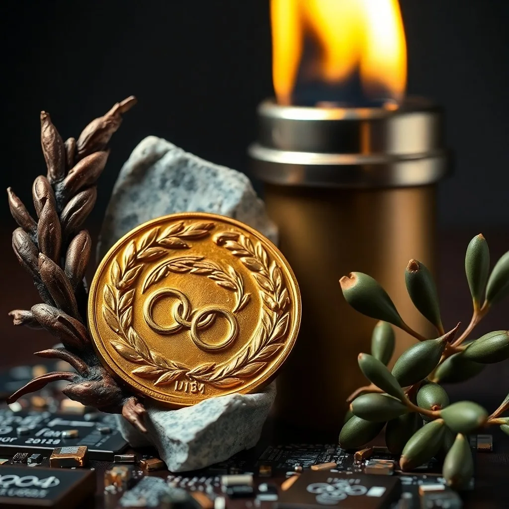 Ilustración digital 3D de una antorcha olímpica estilizada y medallas brillantes, representando la modernidad y el logro deportivo.