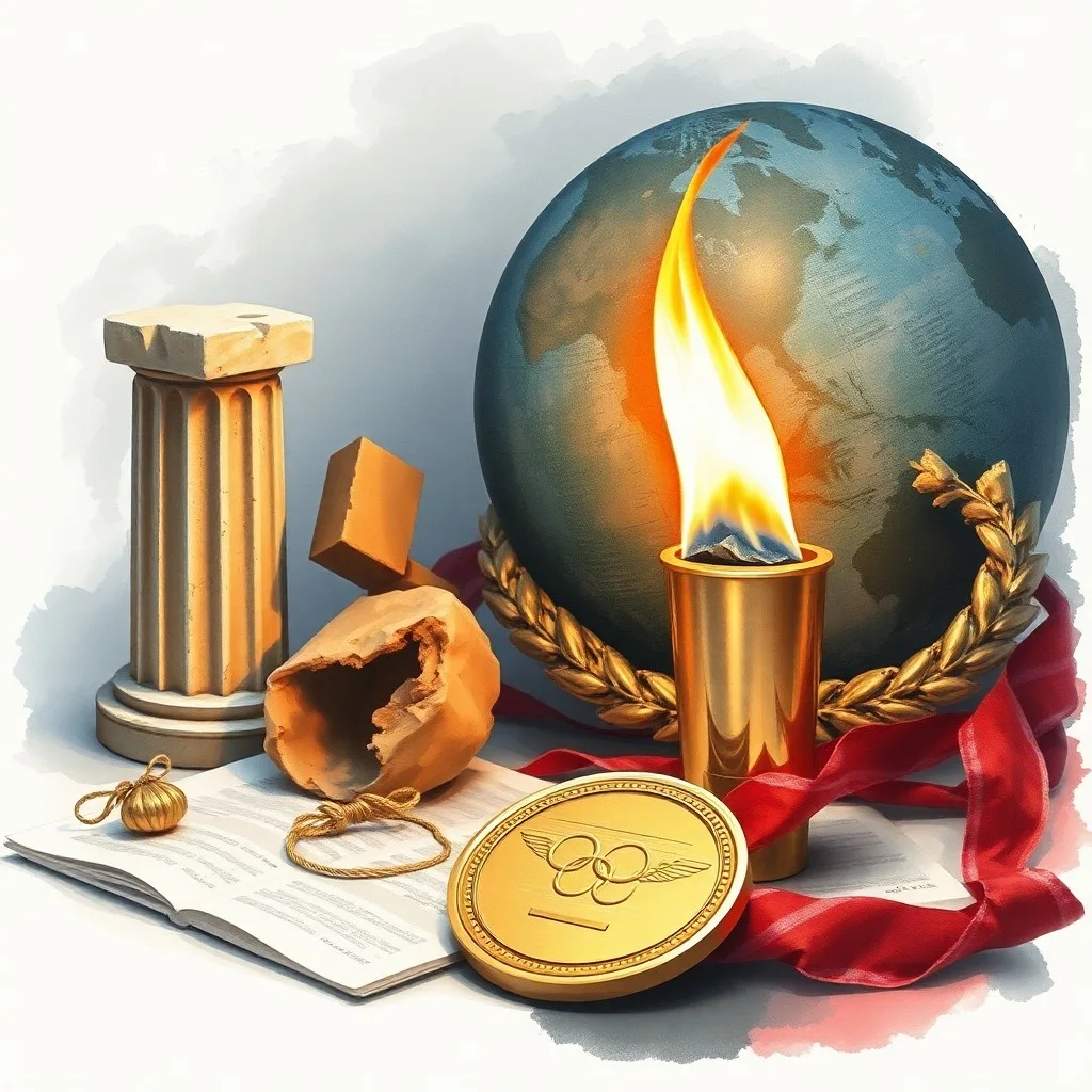 Representación abstracta de los anillos olímpicos entrelazados sobre un mapa mundial difuminado, simbolizando la unidad y el movimiento global.
