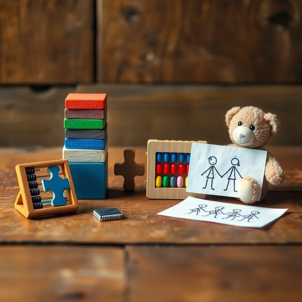 Fotografía de bodegón de bloques de madera, puzzles educativos y dibujos con crayones en una mesa rústica, iluminados por la luz de la mañana.