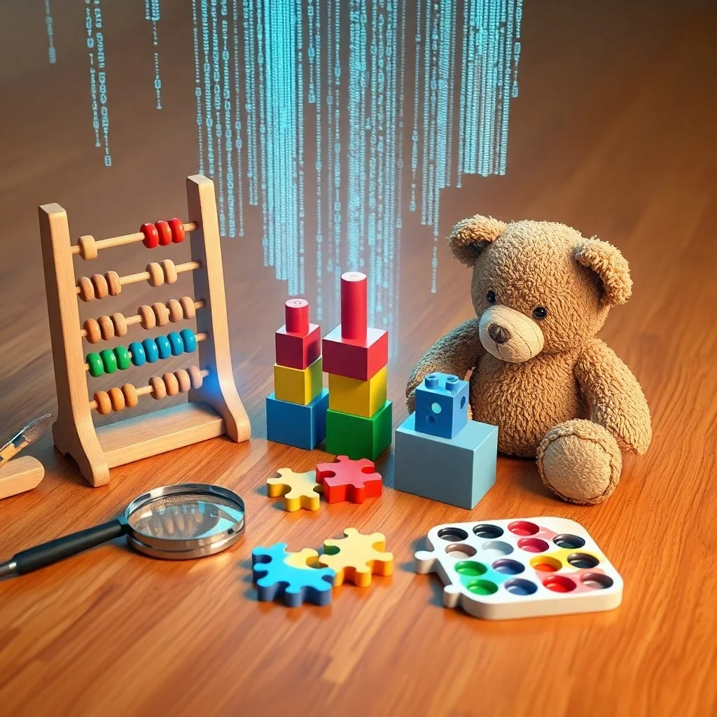 Pintura de acuarela de un rincón acogedor con un osito de peluche, libros de cuentos y un juego de té en miniatura sobre una manta suave, con tonos pastel.