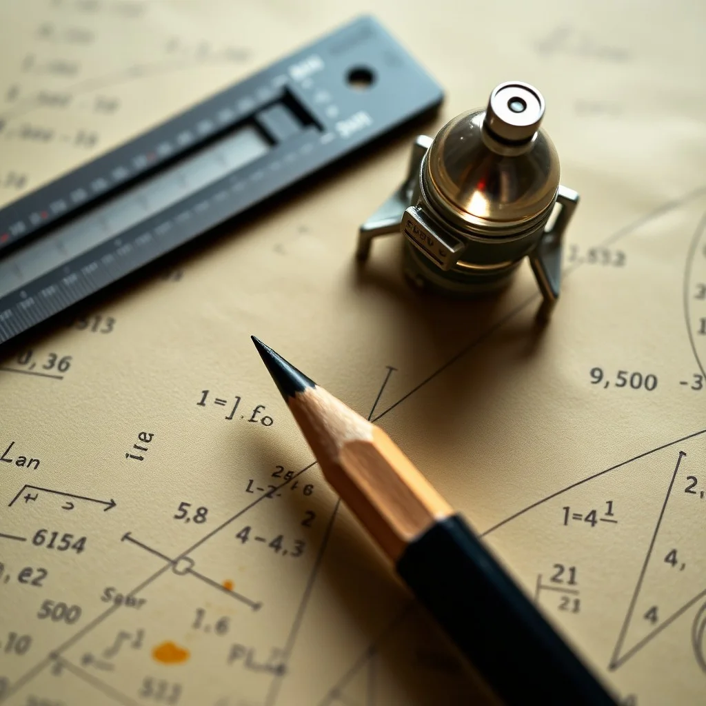 Primer plano de una máquina de calcular vintage con una pila de papeles llenos de ecuaciones y una regla de cálculo sobre un escritorio de madera, iluminado por una luz suave.