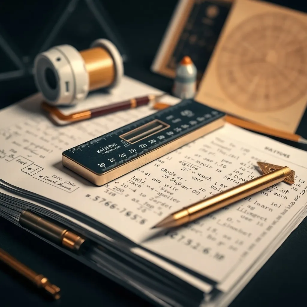 Escritorio vintage de los años 60 con una regla de cálculo, tarjetas perforadas y un auricular de control de misión de la NASA, iluminado por una lámpara de escritorio. Fotografía macro.