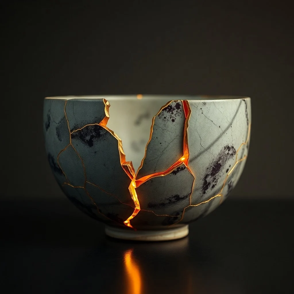 Ilustración 3D de hilos dorados entrelazándose para reparar una esfera de cristal fragmentada, flotando en un espacio etéreo, simbolizando la resiliencia y la transformación.