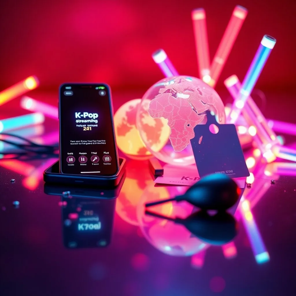 Bodegón cinematográfico con un light stick de K-Pop, photocards brillantes y un álbum de edición limitada sobre una superficie futurista con luces de neón.