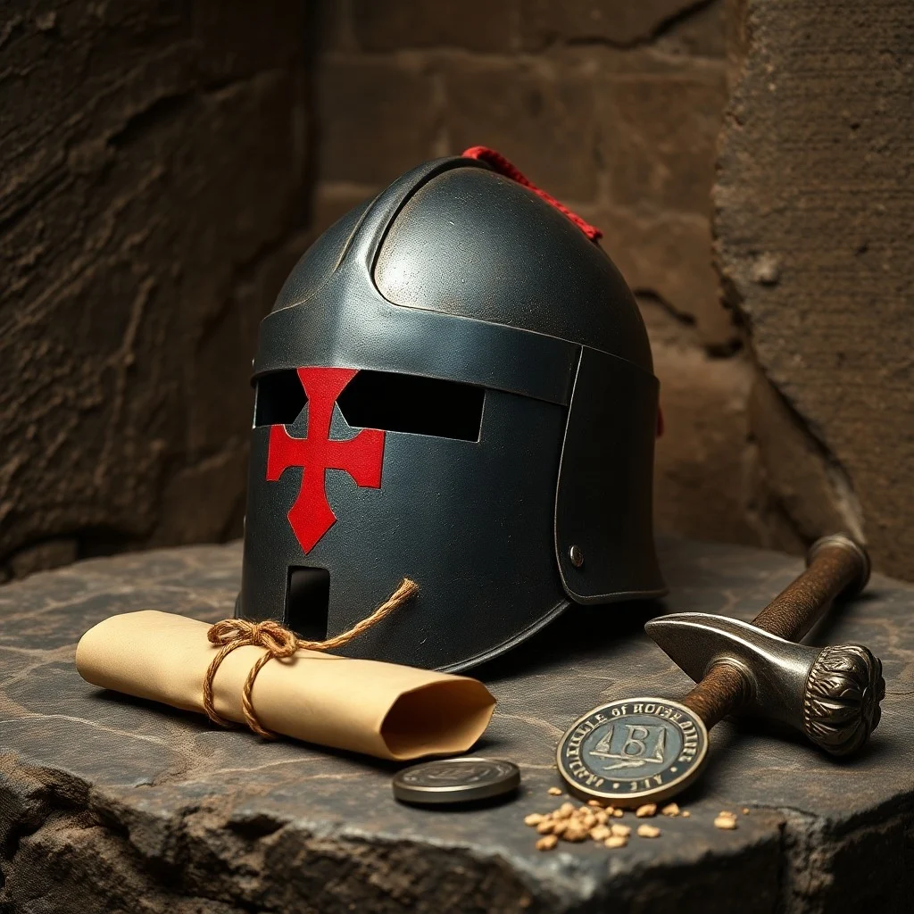 Parchos antiguos con símbolos crípticos y una llave ornamentada sobre terciopelo, bajo una arcada gótica, evocando un archivo secreto.