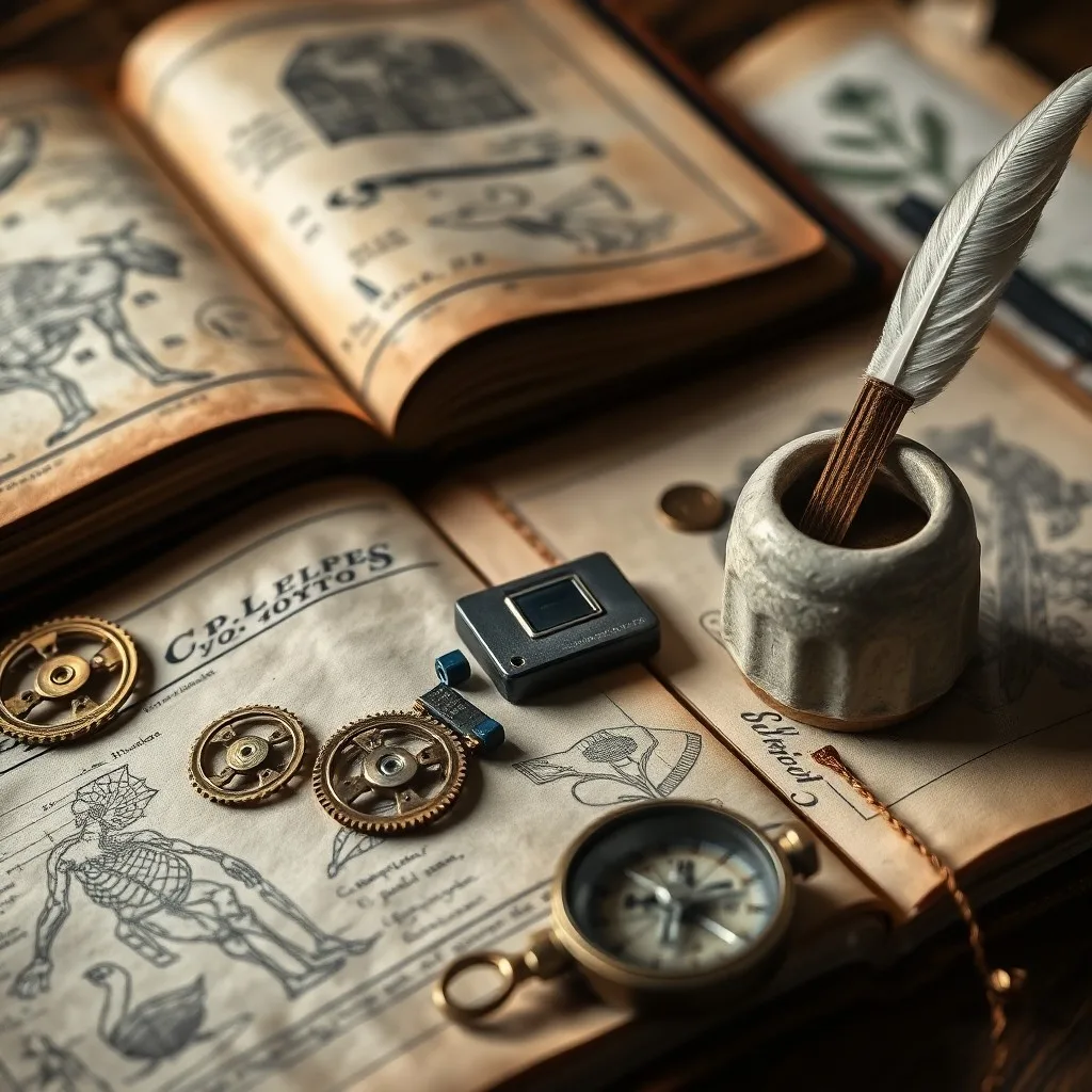 Cuaderno antiguo de Leonardo da Vinci abierto, mostrando detallados bocetos anatómicos y diagramas de máquinas, con una pluma y un compás a un lado.