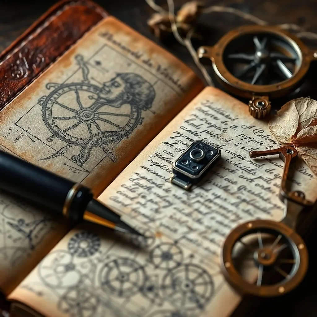 Ilustración conceptual de engranajes y mecanismos intrincados de Leonardo da Vinci, flotando sobre un fondo de patrones de agua y hojas botánicas, con una paleta de colores terrosos y metálicos.