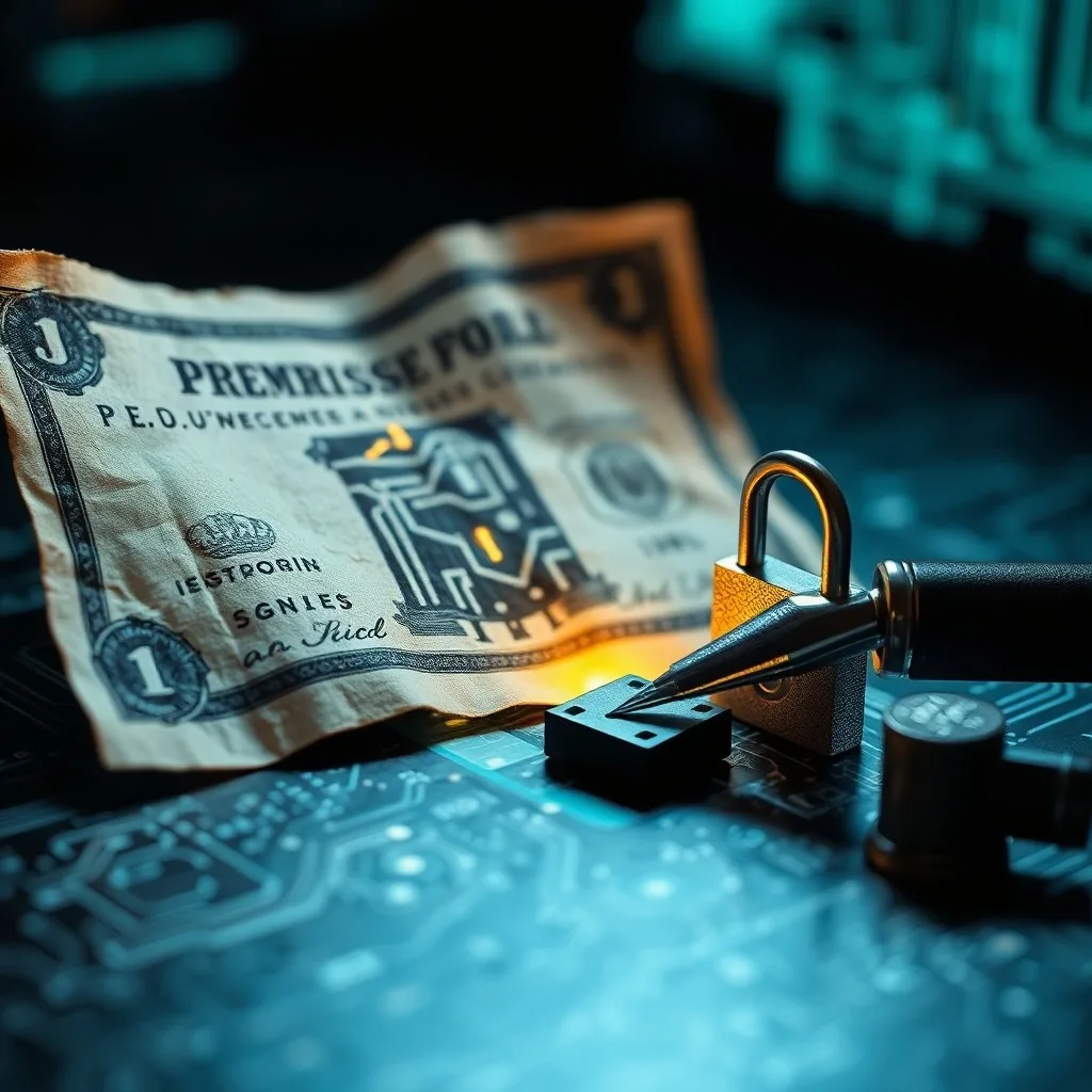 Representación 3D de una caja fuerte digital con claves criptográficas y símbolos de firma electrónica, proyectada en una pantalla holográfica.