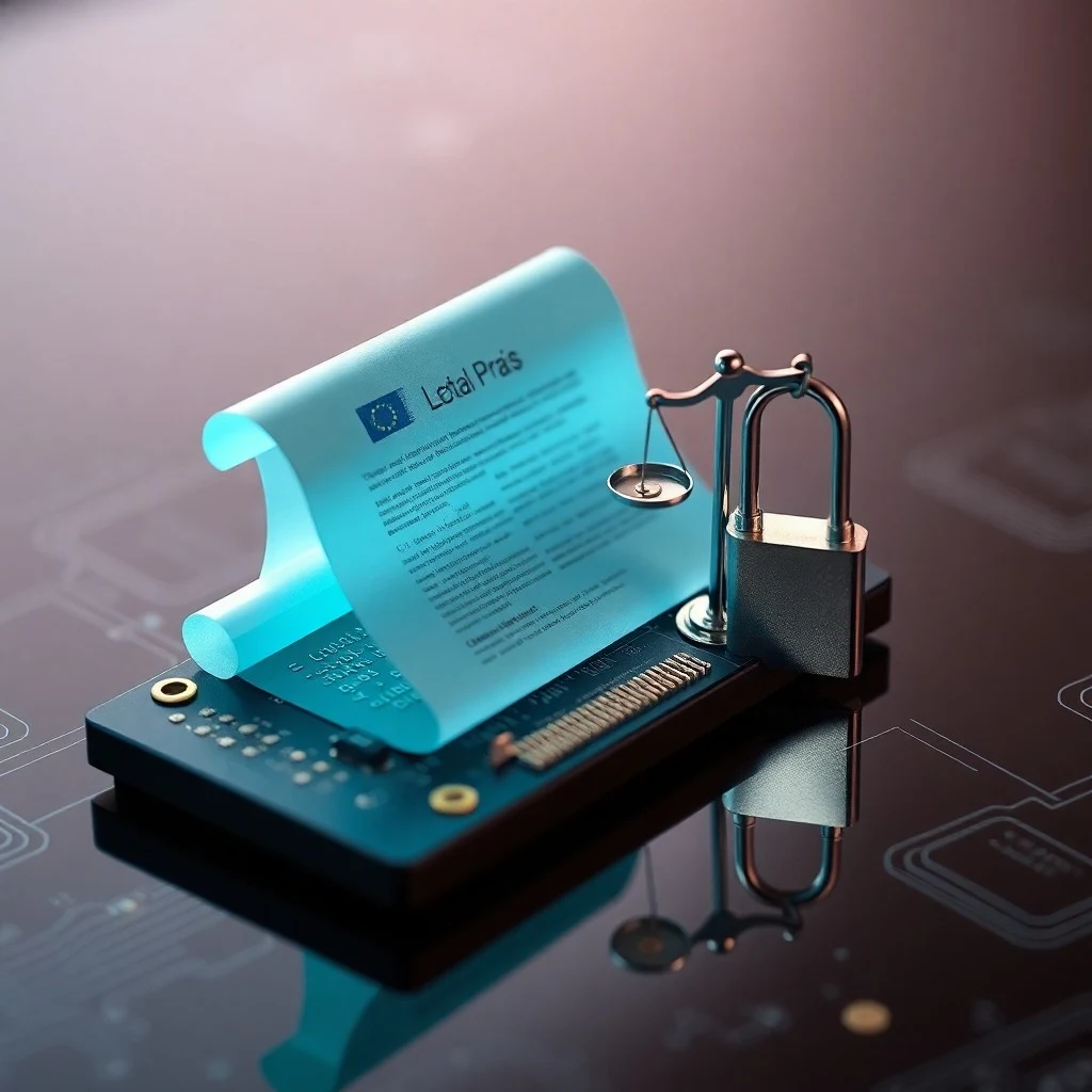 Una balanza equilibrada con un microchip en un lado y una silueta humana estilizada en el otro, rodeada de código binario y sombras que representan dilemas éticos.