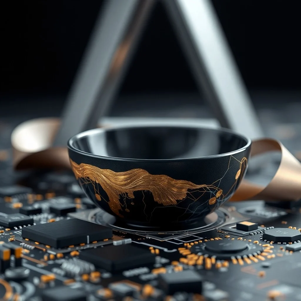 Bodegón 3D renderizado con una regla flexible y una planta creciendo en concreto, simbolizando la adaptabilidad y resiliencia en un entorno desafiante.