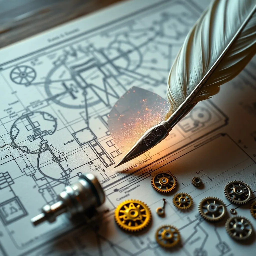 Detalle de un plano antiguo de una máquina de cálculo, con pluma y tinta, sobre un escritorio victoriano.