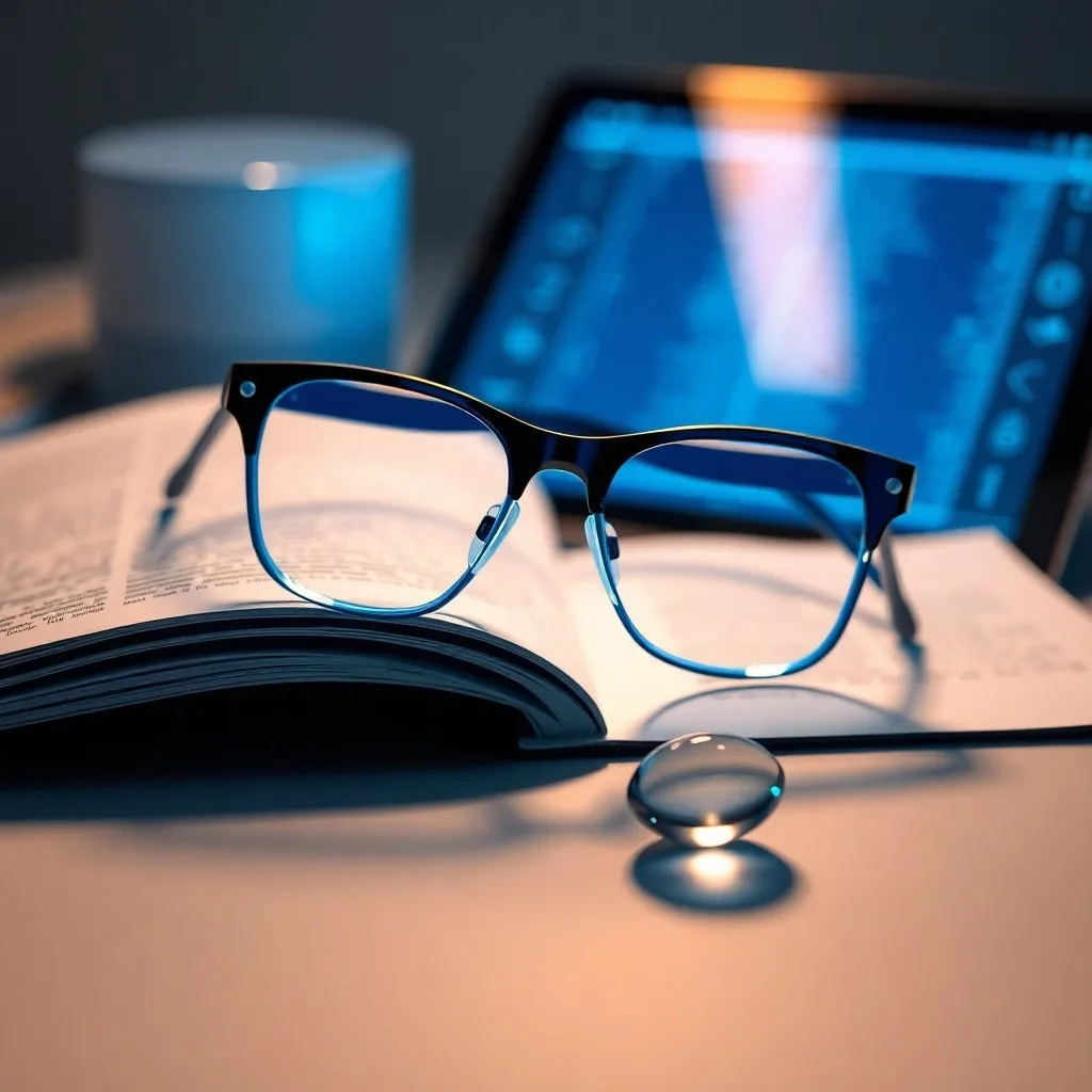 Gafas modernas con filtro de luz azul sobre una mesa de noche de madera, junto a un libro y una taza de té, sugiriendo una rutina nocturna tranquila.