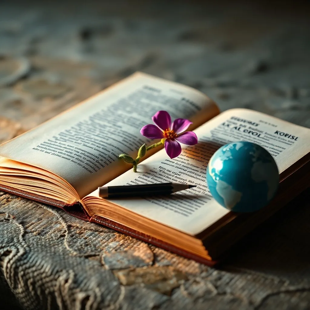 Primer plano de un libro abierto y una vela encendida sobre un escritorio de madera, con una rama de olivo. Simboliza la educación y la paz.