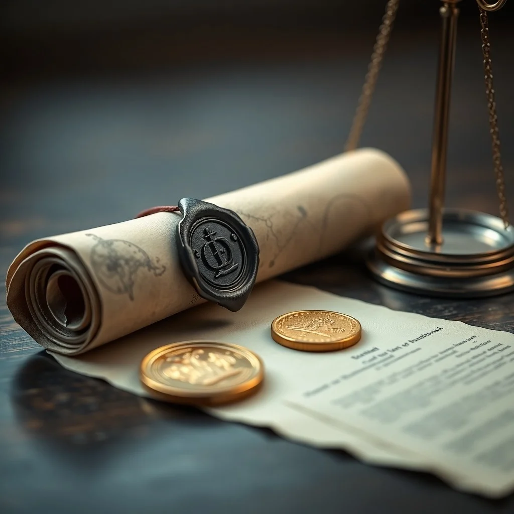 Fotografía de bodegón cinematográfico de un libro de leyes antiguo, pluma de ave, sello de cera y rollos de pergamino en un escritorio de madera.