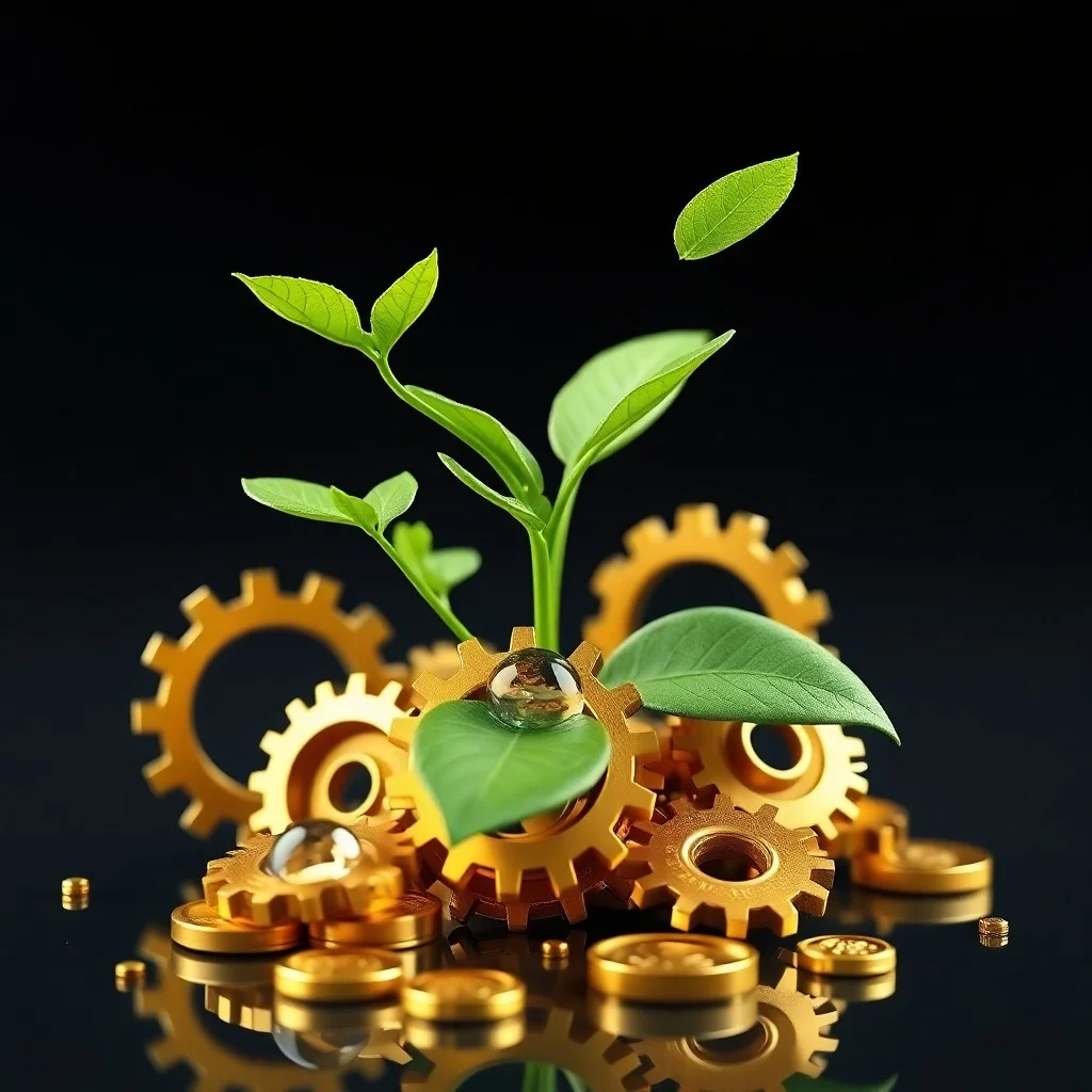 Renderizado isométrico 3D de un gráfico de barras creciente emergiendo de un árbol verde, con monedas en las raíces y un aerogenerador.