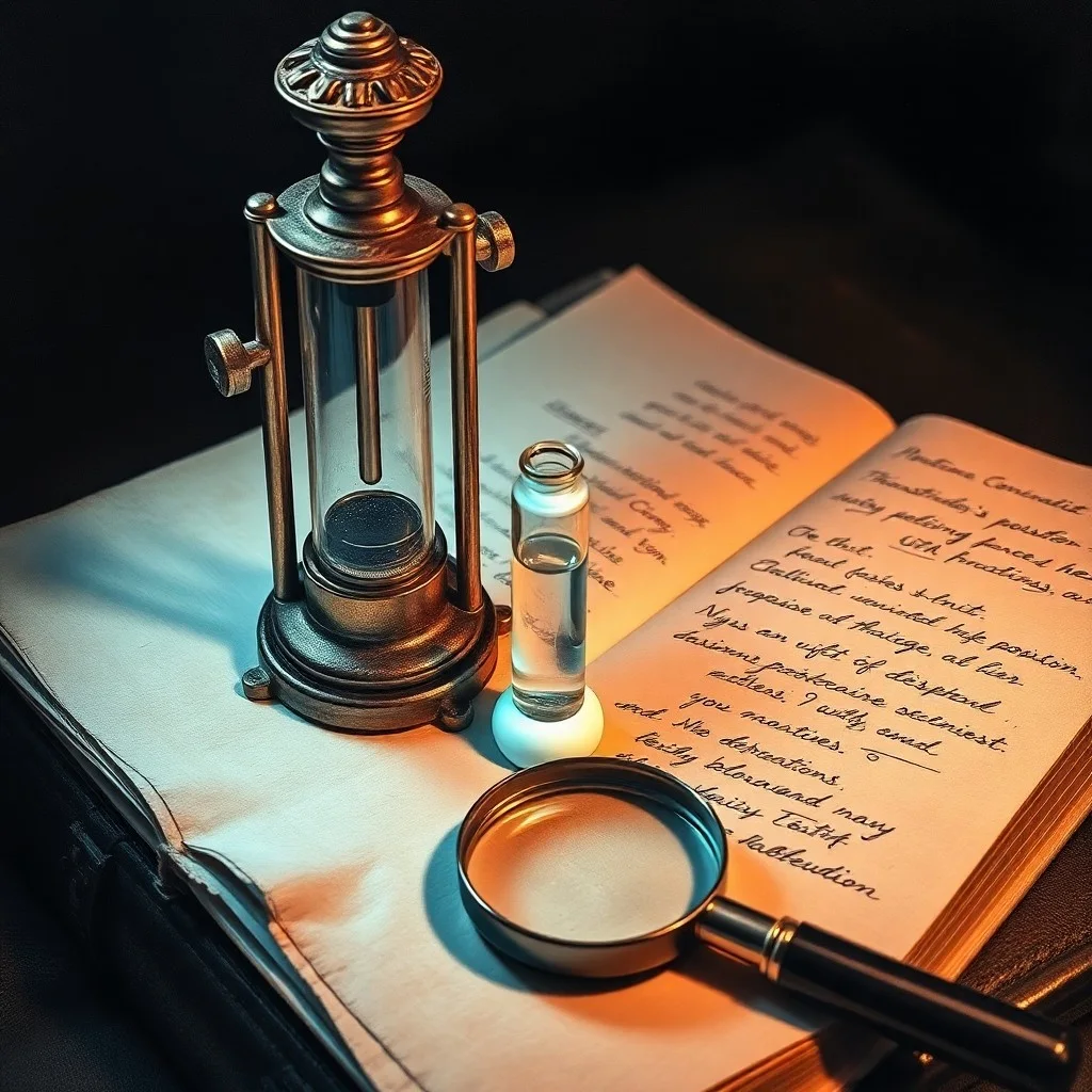 Diario científico antiguo con fórmulas y diagramas, rodeado de material de laboratorio vintage, evocando la época de grandes descubrimientos científicos.