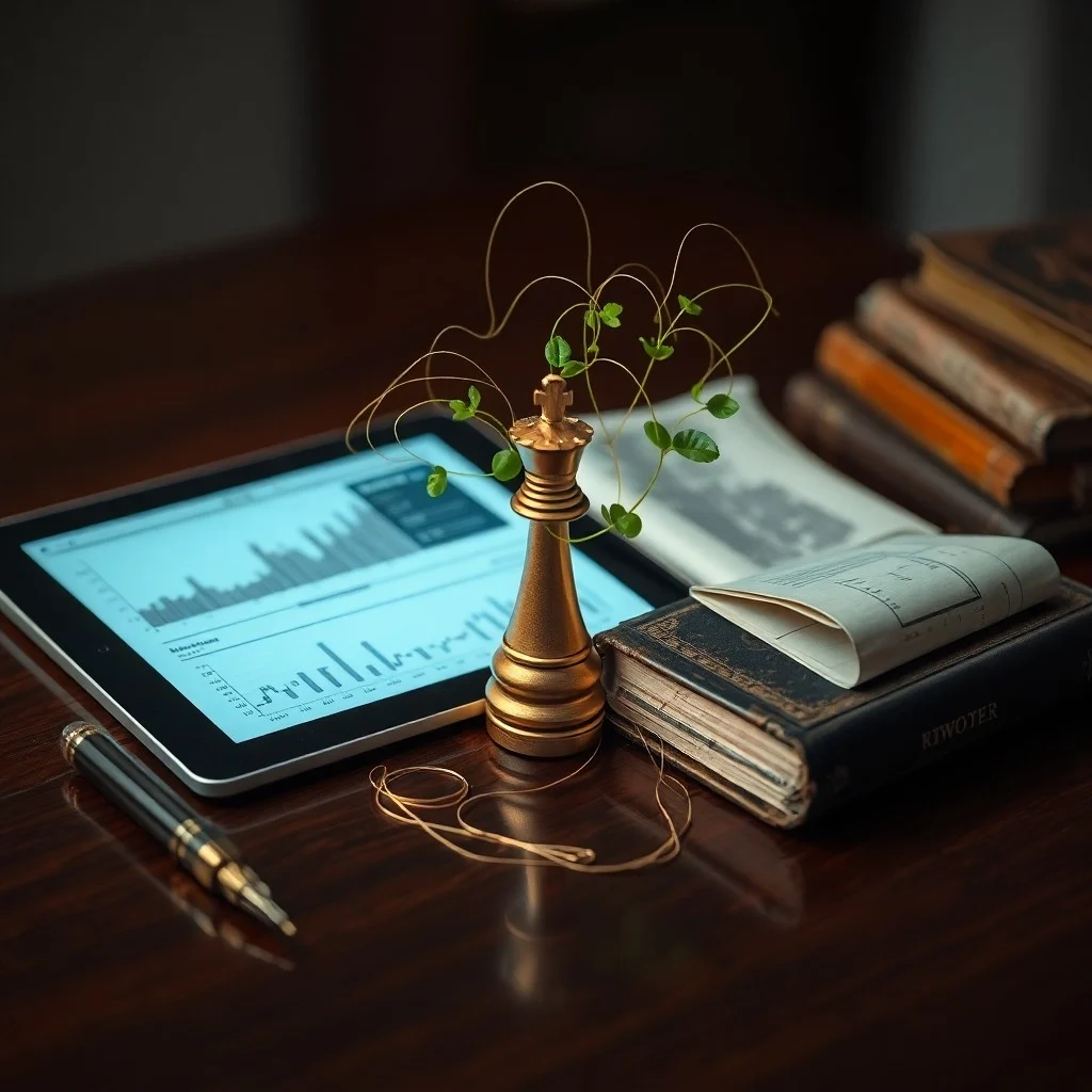 Naturaleza muerta cinematográfica de un cuaderno con notas de estrategia de contenido, cámara vintage y tablet con gráficos.