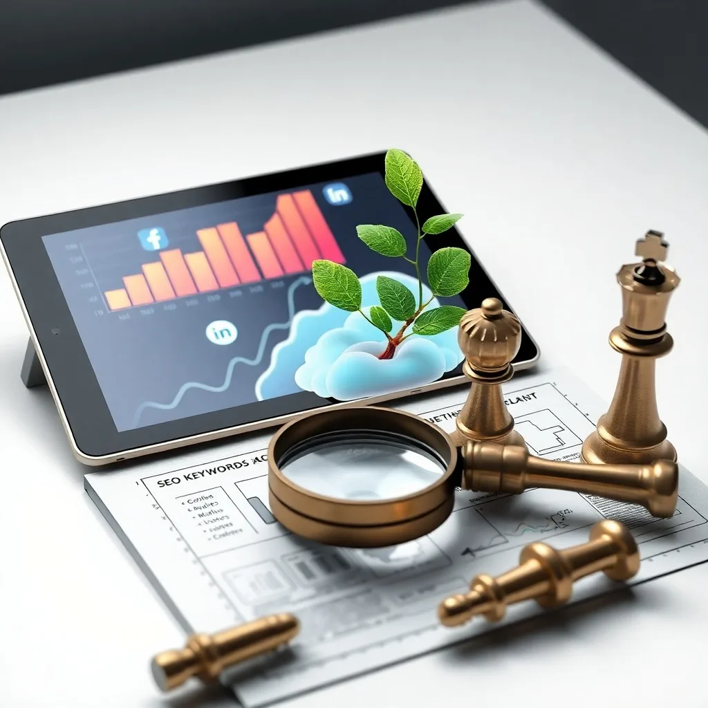 Fotografía de un escritorio minimalista con un portátil mostrando análisis web, una tablet con iconos de redes sociales y un smartphone con email marketing.