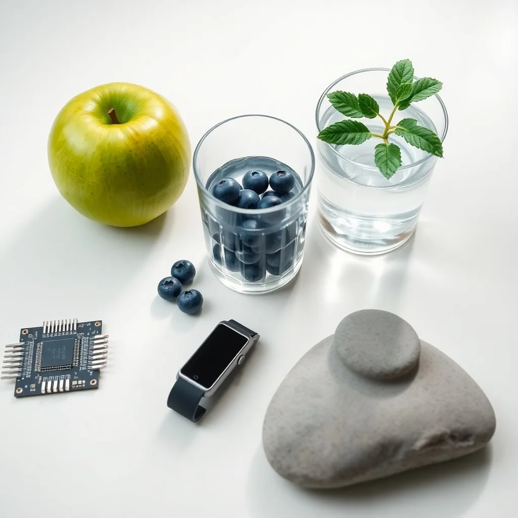 Bodegón cinematográfico con frutas, verduras, zapatillas de correr y una taza de té, simbolizando un estilo de vida saludable.